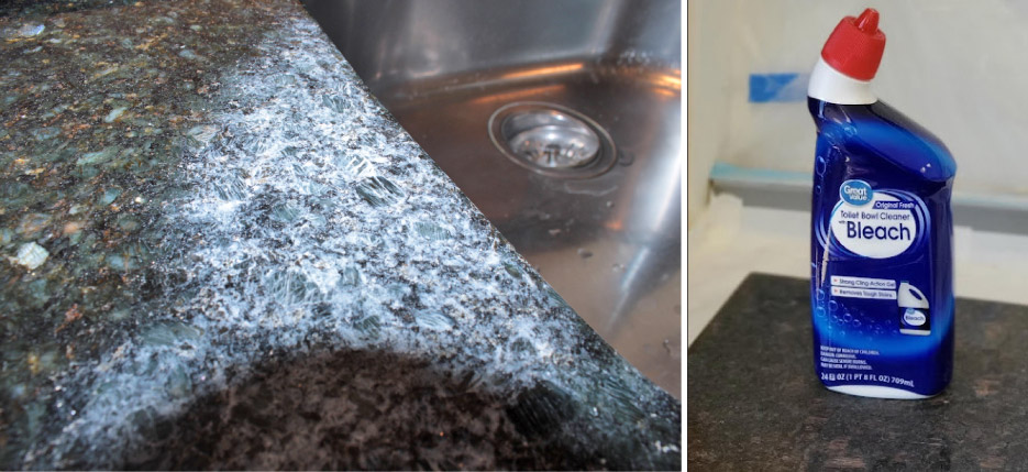 This Ubatuba countertop had a close encounter with a leaky bottle of drain cleaner… and lost.
