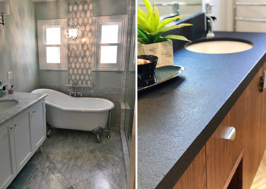 Left: With care, a Carrara marble bath and floor can still be pristine after many years of use.  Right: Premium Absolute Black granite top with natural (leather) finish.
