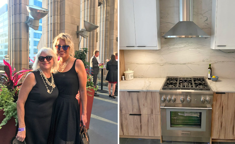 Left: Rose and Christine in the Crown-Tribune atrium. They are currently working on a residence renovation at the Residences at Tribune Tower.  Right: This kitchen update included quartzite countertops, full height stone backsplash, and custom cabinets.