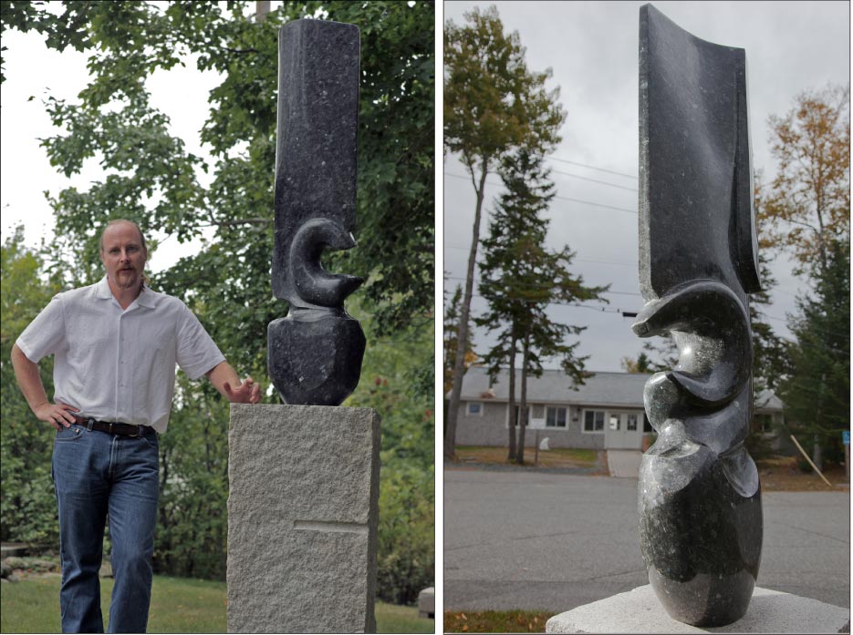 Totem, Emerald Pearl granite from Norway is 5 feet tall, shown here on display at Turtle Gallery. 