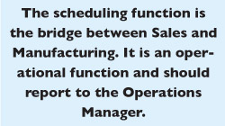 The scheduling function is the bridge between Sales and Manufacturing. It is an operational function and should report to the  Operations Manager.