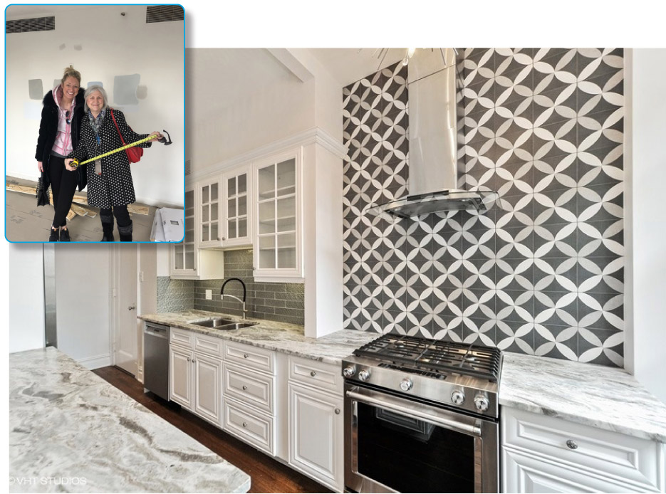 Christine and Rose, at the start of their partnership, at the 161 Chicago Avenue condo renovation, and a kitchen unit at the 1200 Lakeshore project.  “We did a complete gut rehab of the space to modernize it for today’s world while maintaining the details of its era.  The kitchen included leathered quartzite stone and custom cabinets. ”