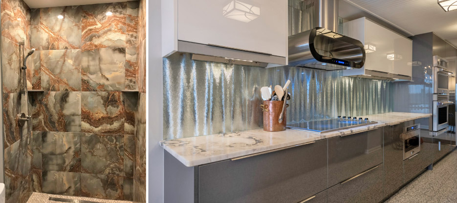 This  walk-in shower features 24 x 24-inch marble tiles to update this bathroom into a sexy, modern space. Says Christine, “We work with (the client) to get all these finishes within their budget.” Right: This project, a 3,500 SF unit in the heart of Chicago’s downtown, involved a complete gut renovation.  The new, sleek kitchen features oyster marble countertops.  .