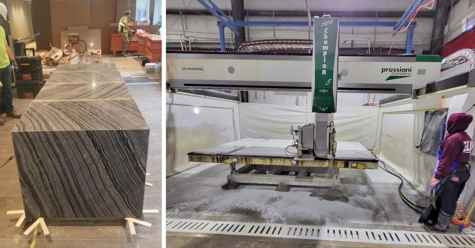 Left: Installing a mitered quartzite book-matched reception desk.  Right: The mostly Prussiani wet fab shop includes three CNCs and two saws, including a waterjet, and a Marmo Meccanica edge polisher. Currently, a Stingray Water Filter Press system circulates 11,000 gallons for their steady fabrication schedule.