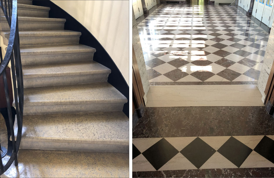 Top Left: The Craiglen Home spiral staircase steps and risers are built from Wisconsin Kasoto limestone.  Top Right: The formal loggia or entrance hall of Craiglen House features Tennessee Compania rose and Italian Rosa Antico marbles. 