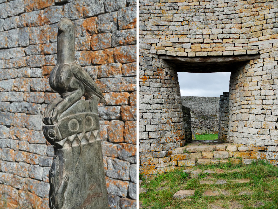 Above, left: Carved soapstone birds guarded the Great Zimbabwe walls. Eight of the (partial) sculptures have survived to this day. The symbol is found throughout modern day Zimbabwe culture, on its money, flags, stamps, and even as a logo for its sport teams.  Above, right: Dry laid granite wall of the Great Enclosure. This impressive, massive structure was built by hand, by extremely skilled masons.