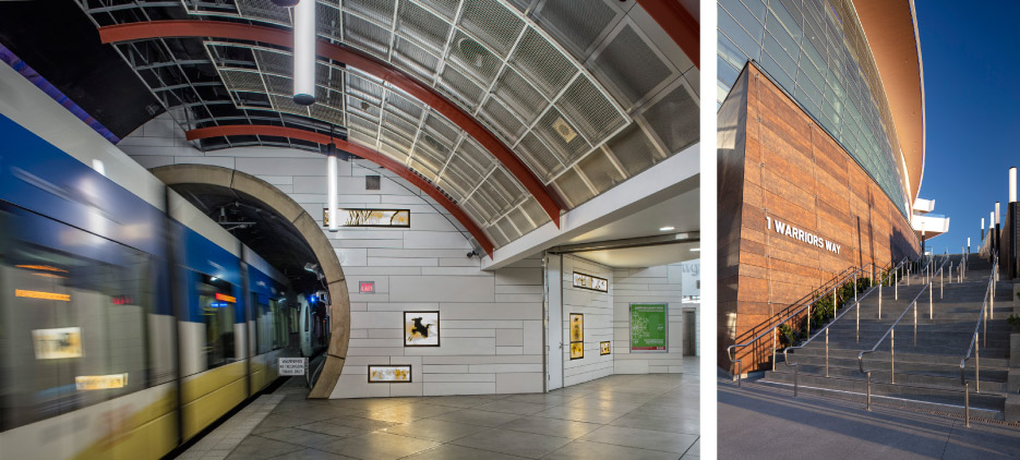 Above, left: Washington Park train station features durable and beautiful Neolith cladding. Above, right: Neolith Iron Series – a 6mm custom & unique blend for the Chase Center. Both projects were sourced from Evolv Surfaces. 