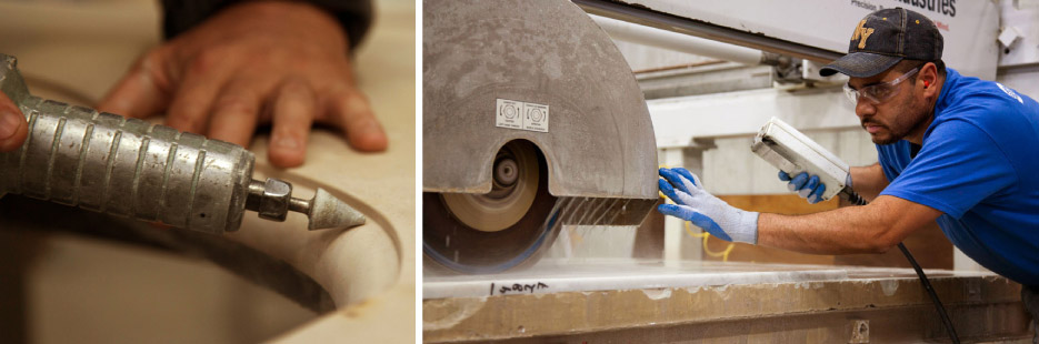 Above, left: Even with automation, sometimes handwork is needed to smooth an inside bevel.  Above, right: A sawyer for Fox Marble checks the cut on a Neolith®  slab.