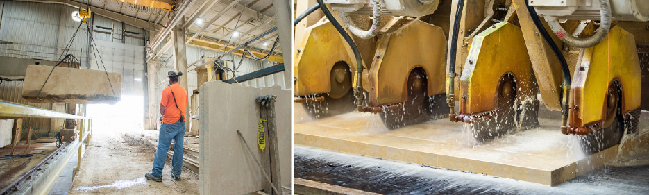 The 80,000 Square-foot facility takes big blocks in at one end, and processed limestone products out the other. Vetter Stone uses specialized equipment and a skilled workforce in its 600-foot- long facility to produce high-quality dimensional stone products. 