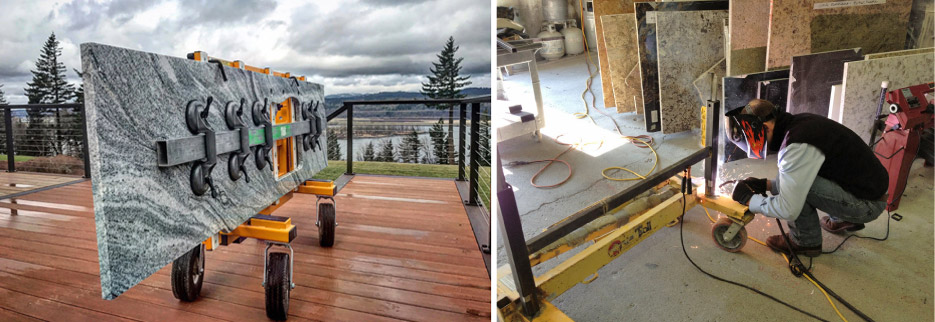In a third-quarter 2020 survey, 92 percent of the No-Lift customers who responded reported they were satisfied with their system, and 4 out 5 said their No-Lift system had paid for itself in reduced injuries and savings during the first year of use. The No-Lift received the Best of Innovation award at TISE in 2020.  Above, right: Crowley welding the first No-Lift prototype cart, circa 2012. The No-Lift Cart was commercially launched in 2015, after extensively testing several prototypes in-house. 