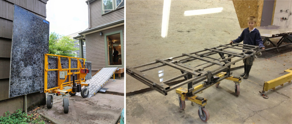 The small footprint and compact, folded package make the No-Lift Cart easy to transport to the jobsite. Superior Stone Countertops uses this custom install trailer to load the granite on outside rails to balance the load, and all tools and equipment can be safely locked on the inside.  Above, right: 9-year-old Alex Crowley beside the first No-Lift cart, on its first day of testing in the Crowley’s Granite Concepts shop.