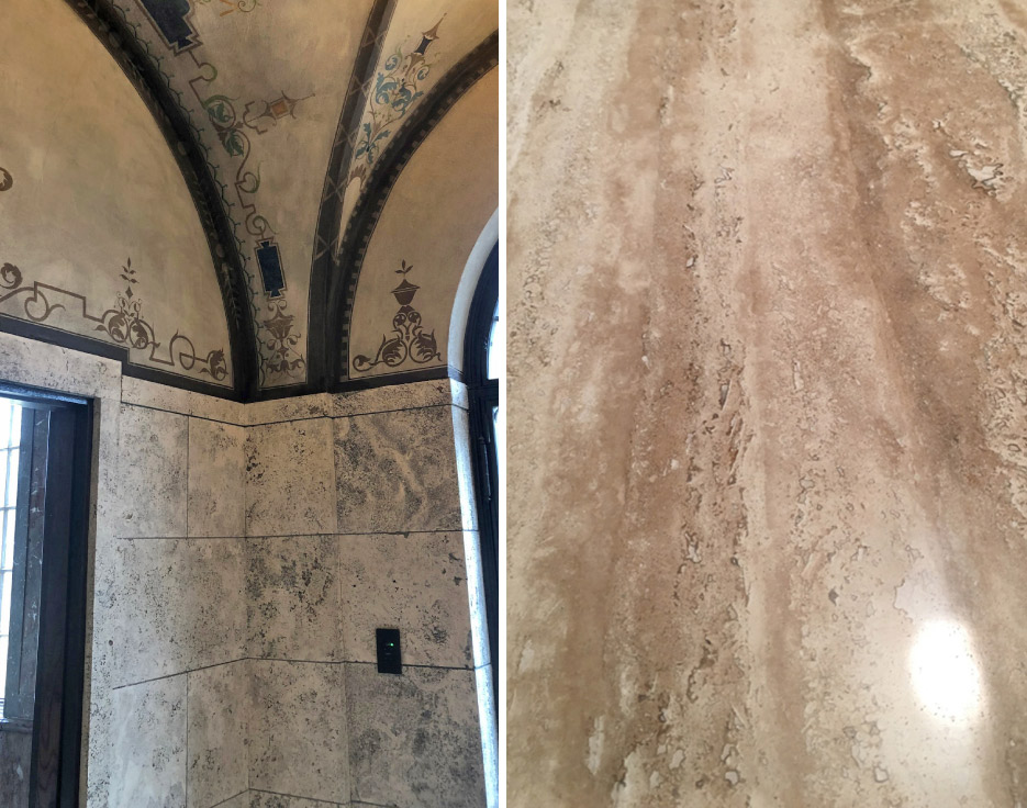  Above, left: Vertical unfilled travertine at the historic Candoro Marble Office Building in Knoxville, TN. Notice the accumulated soiling over approximately 100 years.     Above, right: A resin-based filler was used on this high-hone travertine countertop, before the polishing process.