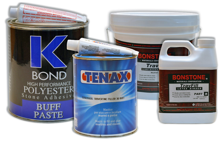 Bonstone, K-Bond and Tenax all offer a specially-formulated travertine filler. K-Bond is polyester-based, Bonstone is a lime-based, modified latex filler, and Tenax is resin-based.