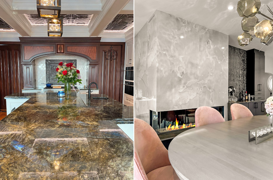 Above, left: Calacatta Valentin Quartz was used for this extra-large residential island project.   Above, right: Mitered Dekton fireplace wraps on three sides. This great room has a matching mitered Dekton waterfall countertop tying into the fireplace.