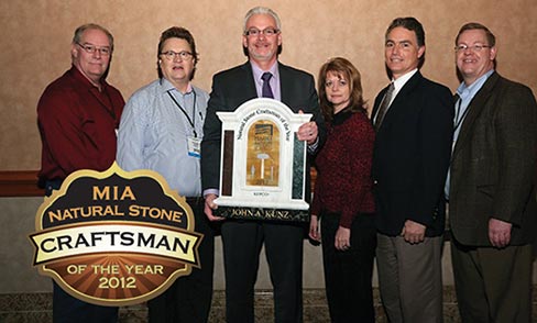 John Kunz (center, with award) of KEPCO+ in Salt Lake City, Utah is the 2012 recipient of the MIA Natural Stone Craftsman of the Year Award.
