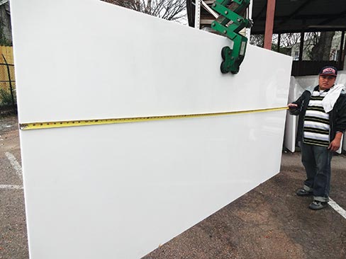 A perfect example of big and pure Thassos. “Getting high quality tiles in any size are easy, but when it comes to getting big, clean slabs, that’s where the challenge comes in, although I do love it,” said Nick Politis, Eurostone Marble Inc.
