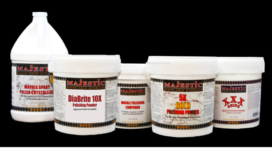 My go-to premium marble polishing products include Majestic 5X Gold, Marble Polishing Compound (MPC), XXX Shine, DiaBrite 10X, and Marble Spray Polish Crystallizer.