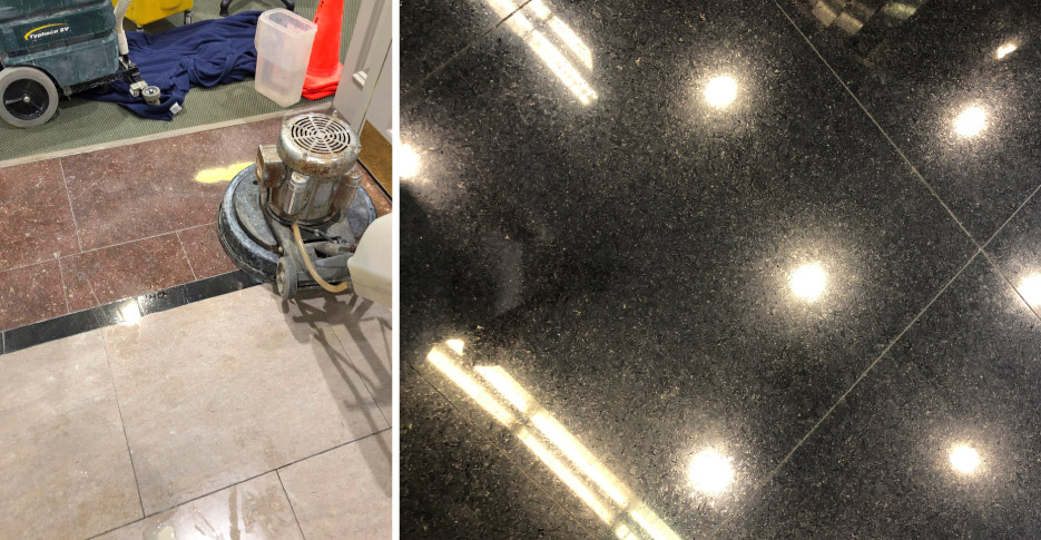Above, left: Here, I’ve applied clean water to a small section of marble floor. I’m using a swing machine with Majestic 5X Gold. Above, right: Absolute Black Granite floor after polishing with Majestic Granite Polishing Powder Dark.