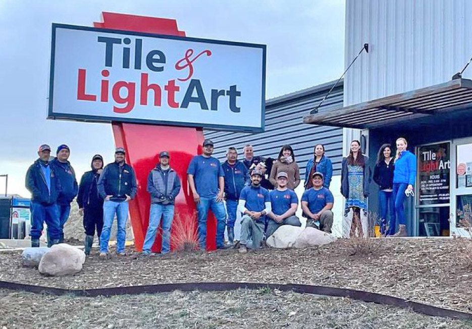 The Tile & Light Art crew, outside the showroom entrance. Employees are divided almost evenly between three departments: fabrication, installation, and showroom and admin. Lighting and fixtures sales alone account for about 15 percent of their business.