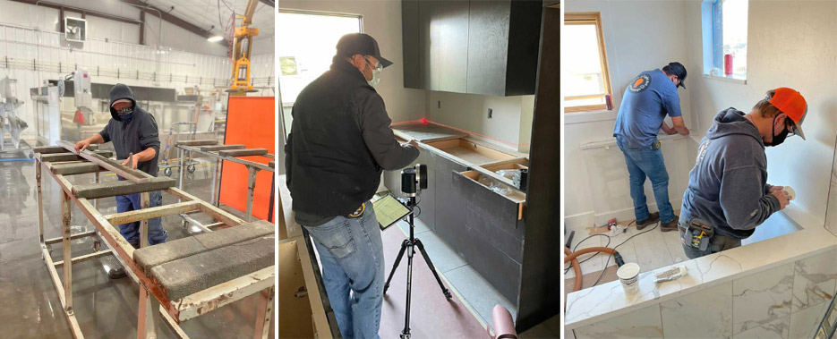 Above, left: The new Tile & Light Art fabrication shop has an upgraded water filtration system. They chose to keep their Sasso K-600 5-axis CNC bridge saw, a Park Industries Wizard and a Marmo Meccanica Edge Profiler, which were all fairly new and well-maintained  machines.  Above, middle and right: Fabrication, templating and installation operations are staffed by teams with many years of combined experience in the shop and on the jobsite.