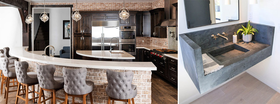 left: Calacatta Nuevo quartz kitchen features an exceptionally long, curved bar countertop with entertaining room for 7-8 people.  right: A unique floating vanity designed for a guest room.