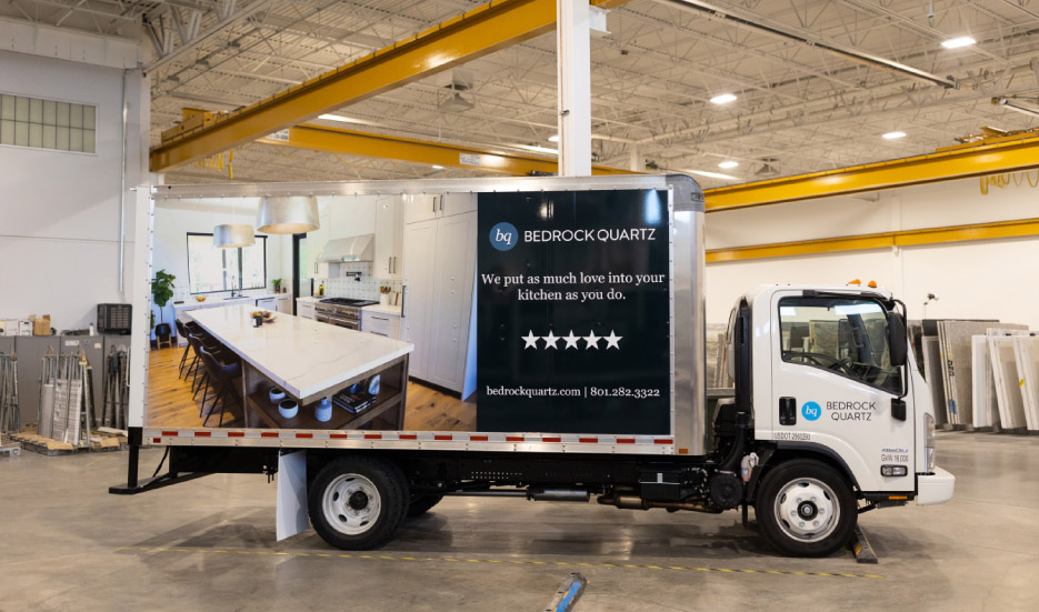 Bedrock uses a fleet of several delivery vans and installation trucks – which are also rolling advertisements. Bedrock Quartz services Utah and parts of adjacent Wyoming, Idaho and Arizona territory.