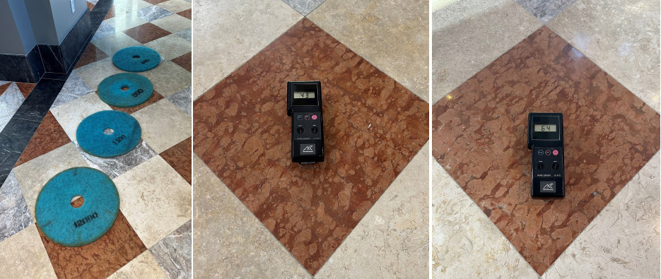 left: PLP pads for use on the marble. Coarser pads, anything below 3,000 grit are only used for heavier traffic wear.  center: Gloss meter reads 43 before running the PLP Diamond Impregnated Pads.  right: A gloss meter test reads 64 after the PLP pads were run. The desired result is a high-hone level of shine, not a high polish.