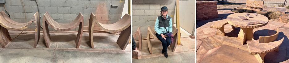  In addition to blocks, slabs, pavers and more traditional stone products, Las Vegas Rock produces some unique stone tables and chairs. Beautiful, stylish – and reportedly, they are quite comfortable.