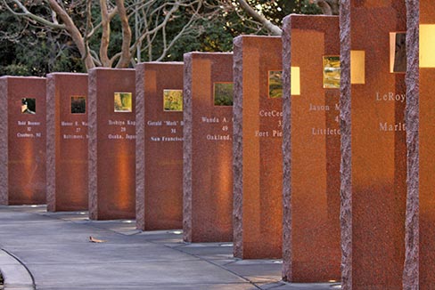 The flagpole is set in a base decorated by the artwork of children whose drawings were glazed onto ceramic tiles. A serpentine row of “Wausau Red” tablets commemorates each passenger lost on Flight 93 the morning of September 11, 2001 in Somerset County, Pennsylvania. A polished stainless steel plate is fixed in each tablet at eye level to remind viewers that any one of us could have been on that flight. EGA members donated the time, work, supplies and material.