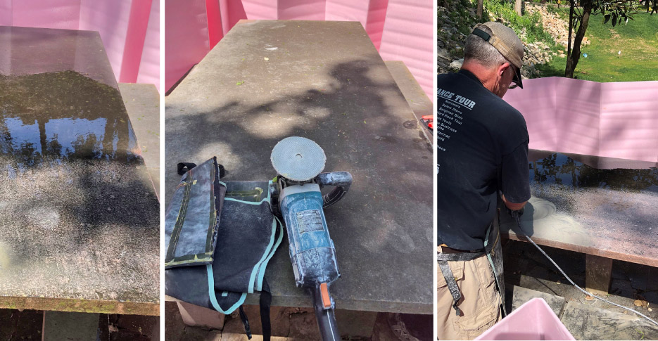 Left to right: Starting the lengthy process of cleaning and restoring a solid marble table using anti-fungal chemicals, diamond pads with polishing powder, and diamond handpads. 