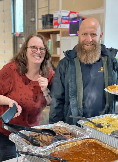2021 Harvest celebration in the shop. Last year Dan started hosting regular company dinners, and plans to hold many more to thank his hard-working team members.