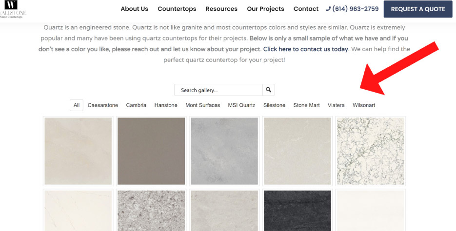  It’s essential for a good countertop website to include a comprehensive materials section.  A search function is a necessity.