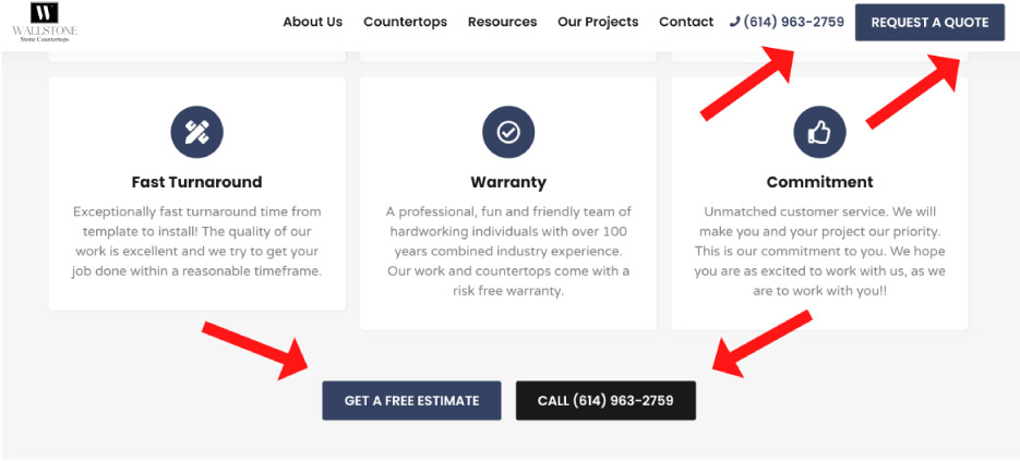 Prominently displayed Call to Action buttons make it easy for customers to contact you. 