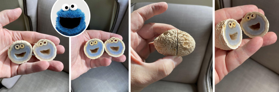 This unassuming lump of rock hid an amusing secret inside, bordering on the absurd. The blue quartz interior is a doppelganger for the Cookie Monster. 