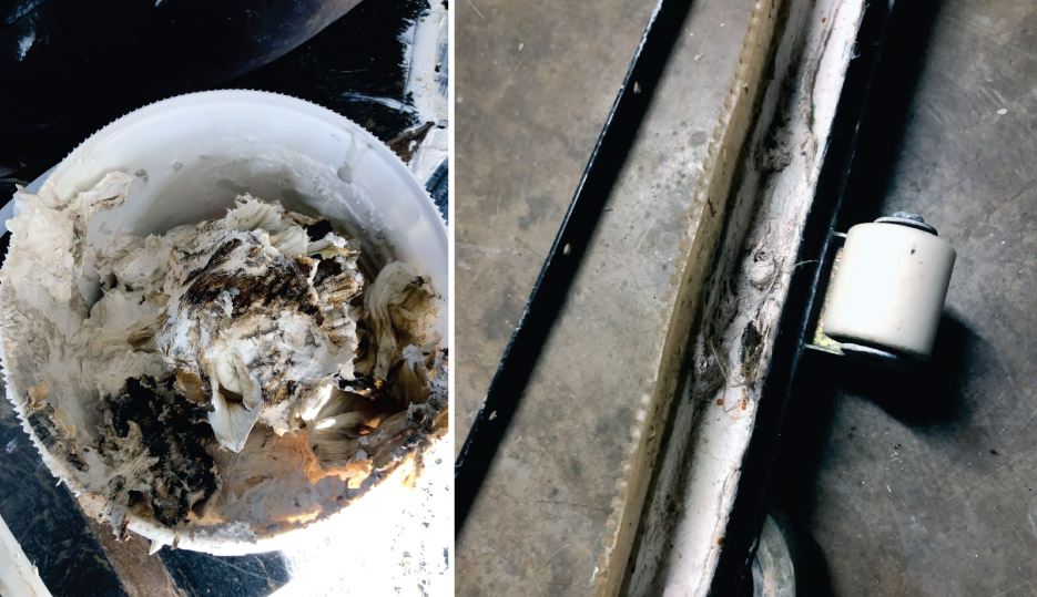 Above, left: When a job generates poultice removal waste, it must be disposed of properly according to federal, state and local regulations.     Above, right: Remember to do cleanup on your equipment (like this floor squeegee) after the stripping process. Stripping clogs the channel and reduces pick-up effectiveness.