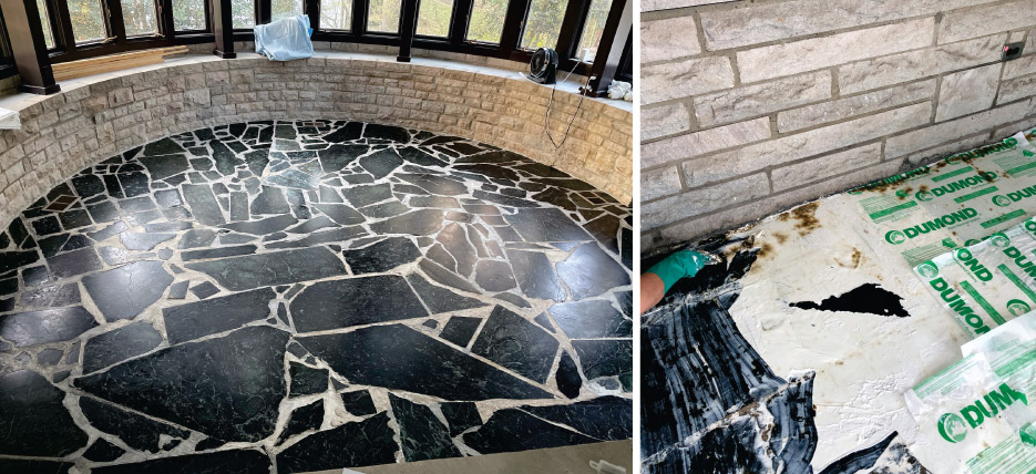 Above, left: Serpentine flagstone floor after restoration and color enhancement, with previous coatings removed.     Above, right: Poultice paint stripper being applied to serpentine flagged floor (see above, left) to remove many years of applied coatings. It was allowed to dwell for about 48 hours prior to removal.