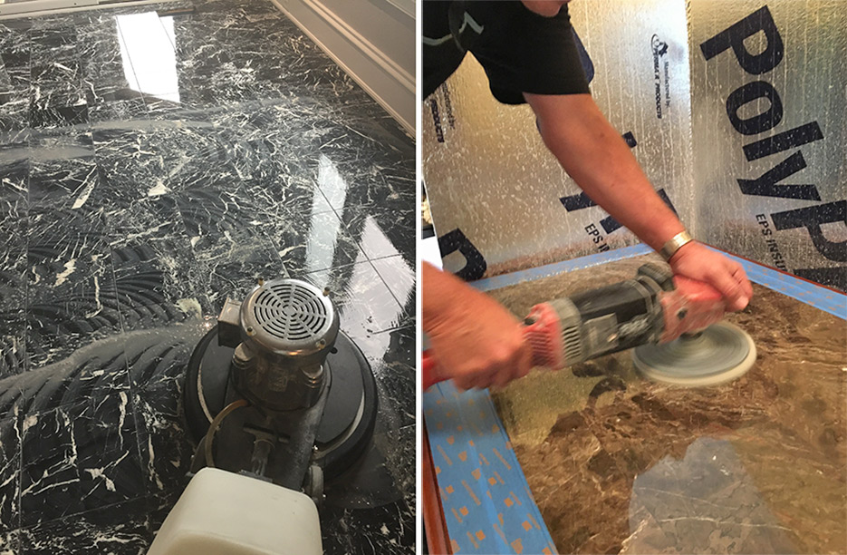 Left: Repolishing Black marble with Majestic 5X Gold.  Right: Repolishing a marble table top with 5X Gold and slow speed hand tool.