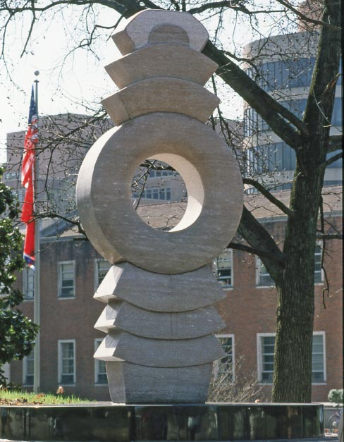 “Terra” was commissioned by the University of Tennessee to celebrate their Bi-centennial, and was installed in 1996. The marble was cut for Conn in Friendsville, at Tennessee Marble. Conn transported the three large pieces to a monument company in Cleveland, Ohio where they were roughed out on a large saw, and where the center circle was also cut out. “I drove the pieces back to my studio where I contoured the stones, textured, shaped and polished.” The twelve-foot diameter granite base was fabricated in Georgia at one of the granite companies.