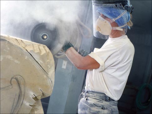 “My process entails drawing on the stone, sawing the marked lines, and breaking away the excess rock with a hammer and chisel. Next, a variety of bushing tools, grinders and sanders are used to achieve the final surface. Then many, many hours of hand work ensue to develop a smooth-to-the-touch, polished sculpture.”