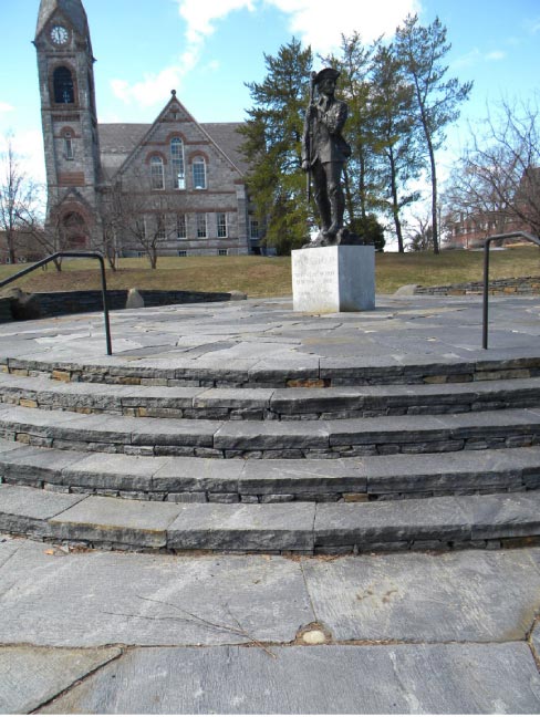 Schist has been used for building in new England since colonial times, so it is quite fitting to be used in this small Revolutionary War memorial plaza.