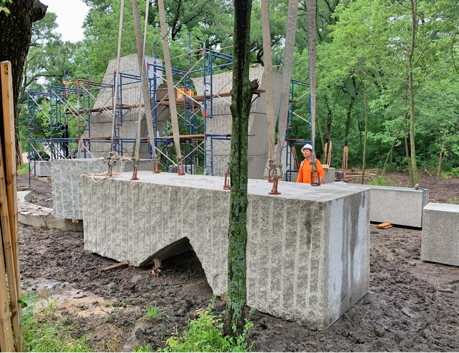 Setting had to be done by crane, and the heaviest stone was roughly 40,000 pounds.    Photo by Dee Brown