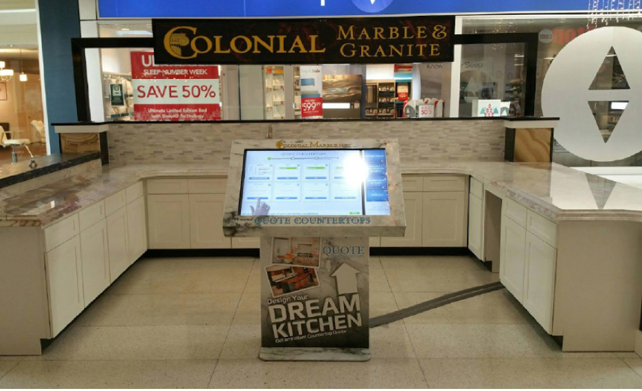 This kiosk display in a mall setting sends customer information and quote requests back to Colonial Marble and Granite for follow-up.