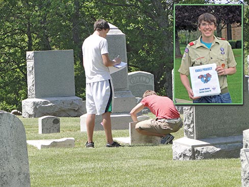 BSA Brandon Carmer (left) and fellow Scout Mike Lantinen record measurements for the plywood forms needed for phase two repairs. Inset: Joey Hinton holds his completed Eagle Service Project book. Over 50 gravesites were restored at the West Somerset Cemetery.