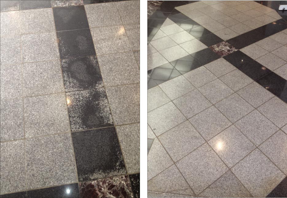 Above, left: Before polishing black and gray granite, with adjacent and inset marble. Above, right: After polishing black and gray granite, with adjacent and inset marble.