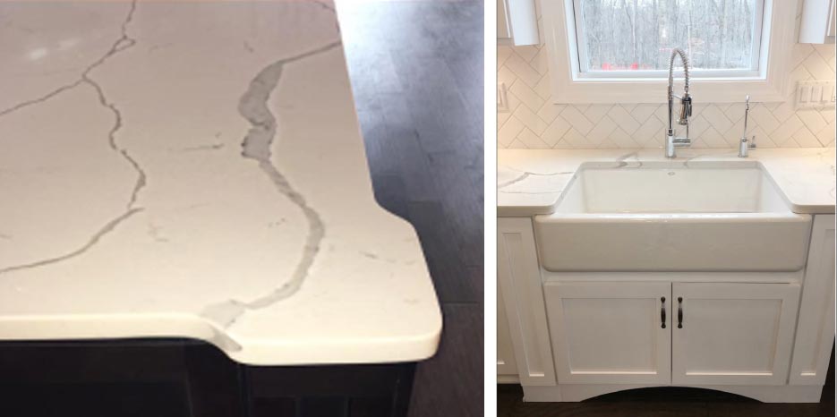 White Calacatta Classique quartz kitchen includes special corner details to echo and accent cabinetry lines, a custom farmhouse sink and a diagonally-laid basketwork backsplash.