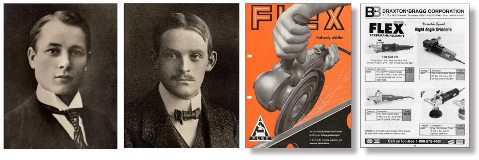 Above, left: Hermann Ackermann, Above, second from left: Hermann Schmitt  Above, Second from right: “Das Original,” the original FLEX right-angle grinder, 1954 model, and 1996 Braxton-Bragg catalog page. Above, right: This is something known all too well to stone fabricators, stone masons, stone sculptors, and hardscape professionals. In the shop or on the job site, FLEX tools have been the go-to solutions for fabricators for decades, including the FLEX LW-1503 Center Water Feed Grinder.
