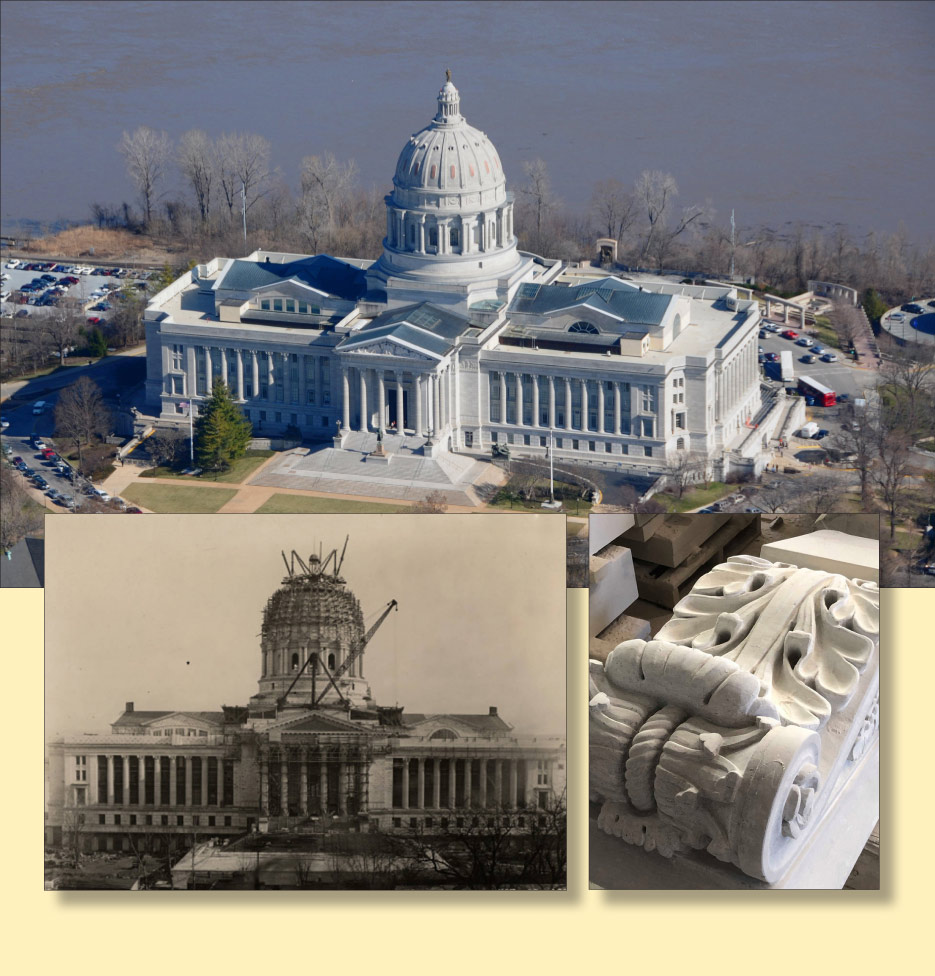 Above: Construction on the Missouri State Capitol dome, c. 1918, and a replacement capital from the front portico. Below: inspecting and selecting slabs at the Phenix Marble quarry.