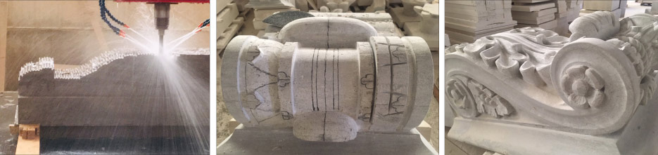 Processing a cubic block starts with roughing out the shape with a Breton 5-Axis CNC. Then, the workpiece gets finished by hand by one of the talented Galassi stone carvers.