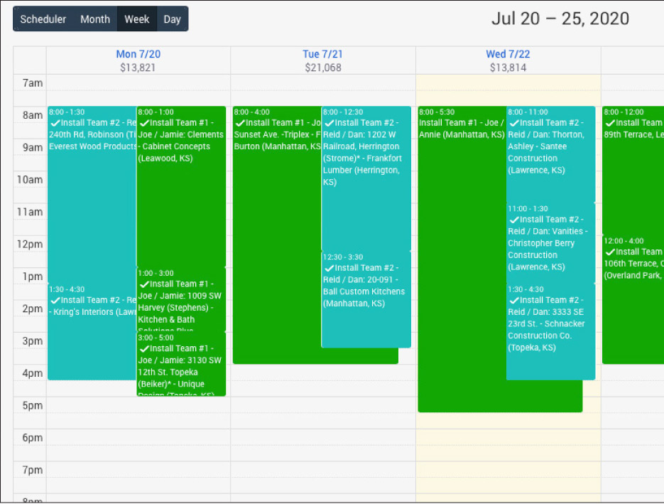 Synchronized work flow: Sarto has about 60 employees. If a customer calls or emails wanting to know when their kitchen is going to be installed, the person scheduling does not have to walk out to the shop to find out what stage a job is at. That information is just a mouse click away. EasedEdge offers absolute clarity as far as what days and times are open in coming weeks for that installation, no matter how many install teams a company has. It will then email the customer for confirmation, and then notifies the person scheduling so he or she can place the installation, big or small, with the correct installation team. 