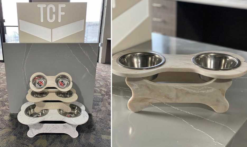 Research has shown that people spend much of their discretionary income on their child- ren and their pets. Above, right: A custom dog bowl can complement a customer’s upgrade.
